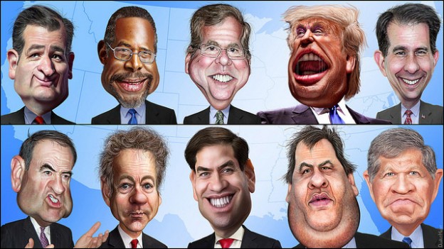 Top Row L-R: Ted Cruz, Ben Carson, Jeb Bush, Donald Trump, Scott Walker.
Bottom Row L-R: Mike Huckabe, Rand Paul, Marco Rubio, Chris Christie, John Kasich.