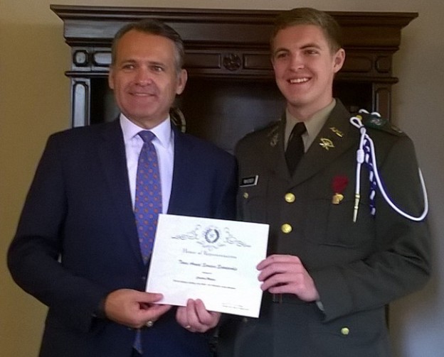 State Representative John Wray (left) awarded the Texas Armed Services Scholarship to Cameron Wagner (right) of Red Oak, Texas.